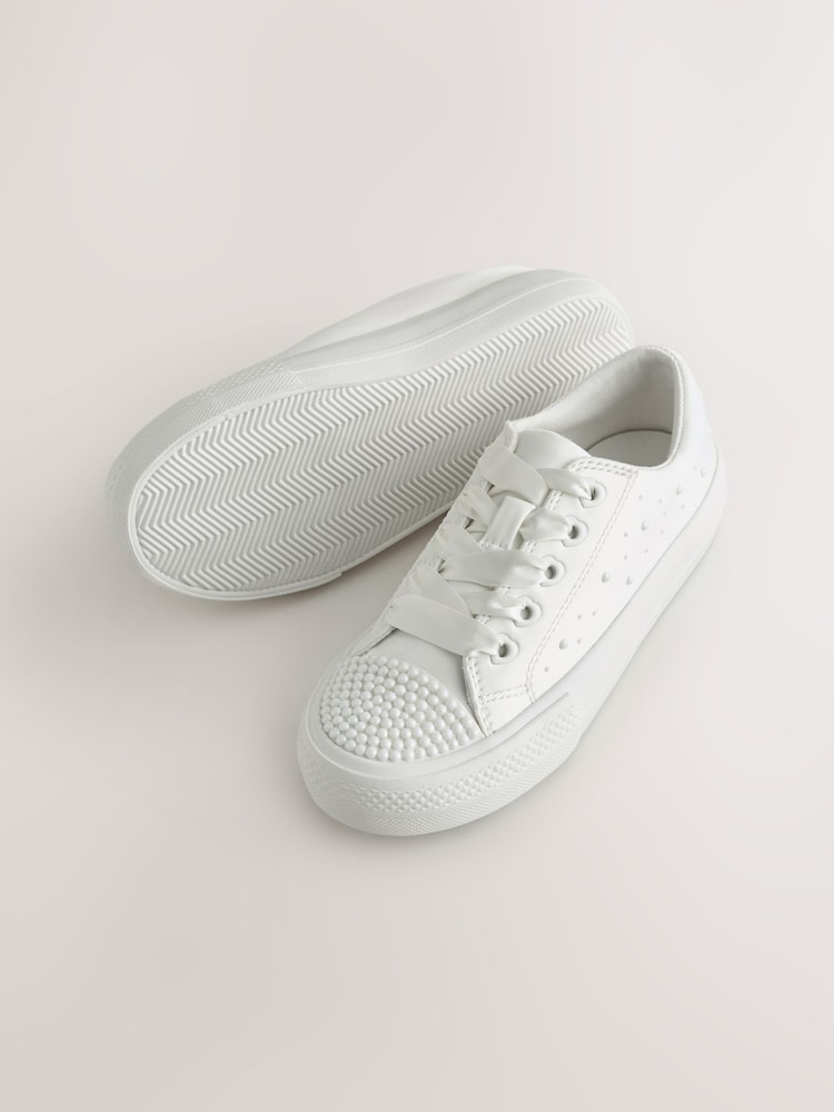 White Pearl Embellished Lace Up Occasion Trainers - Image 2 of 5