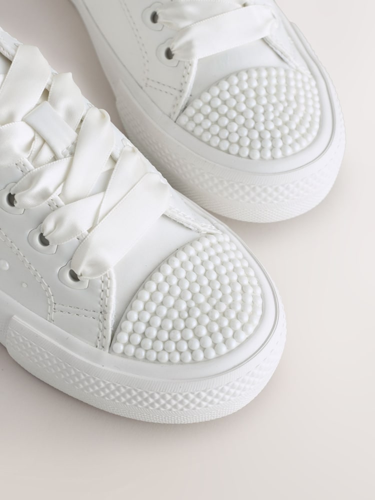 White Pearl Embellished Lace Up Occasion Trainers - Image 5 of 5