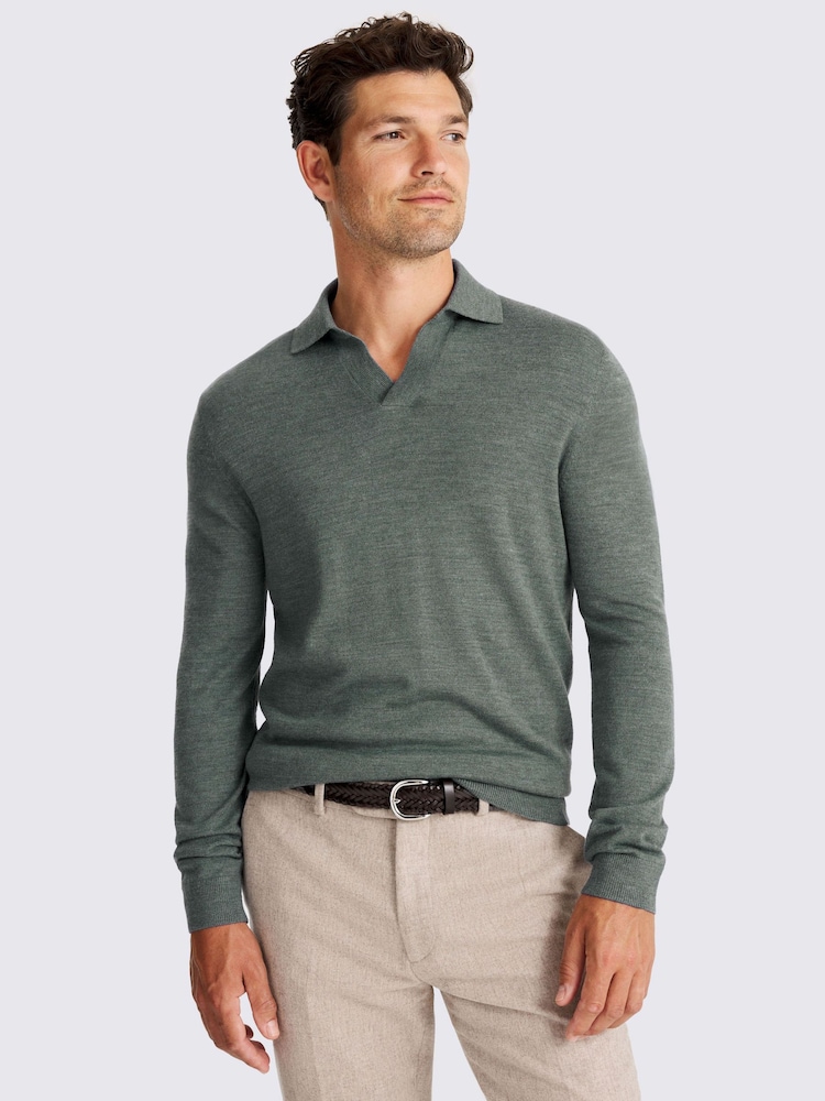MOSS Blue Merino-Blend Skipper Polo Shirt - Image 1 of 4 MOSS Blue Merino-Blend Skipper Polo Shirt - Image 1 of 4
