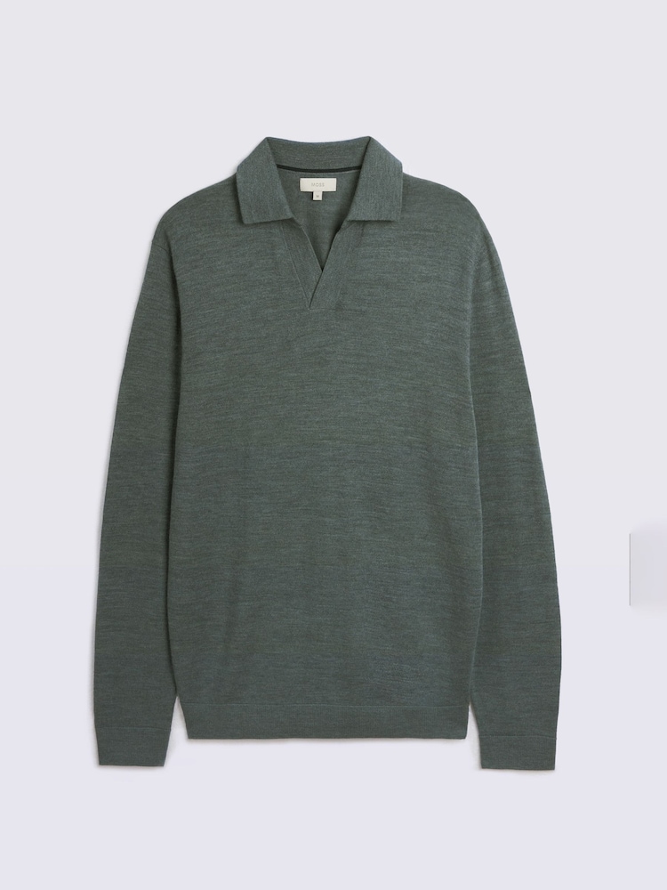 MOSS Blue Merino-Blend Skipper Polo Shirt - Image 4 of 4 MOSS Blue Merino-Blend Skipper Polo Shirt - Image 4 of 4