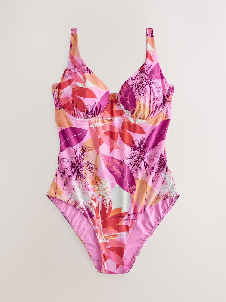 Pink/Orange Palm Tummy Control DD+ Wired Swimsuit - Image 1 of 5