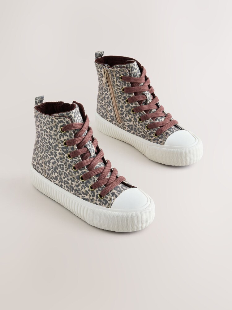 Leopard Print Standard Fit (F) Lace Up High Top Trainers - Image 1 of 7 Leopard Print Standard Fit (F) Lace Up High Top Trainers - Image 1 of 7