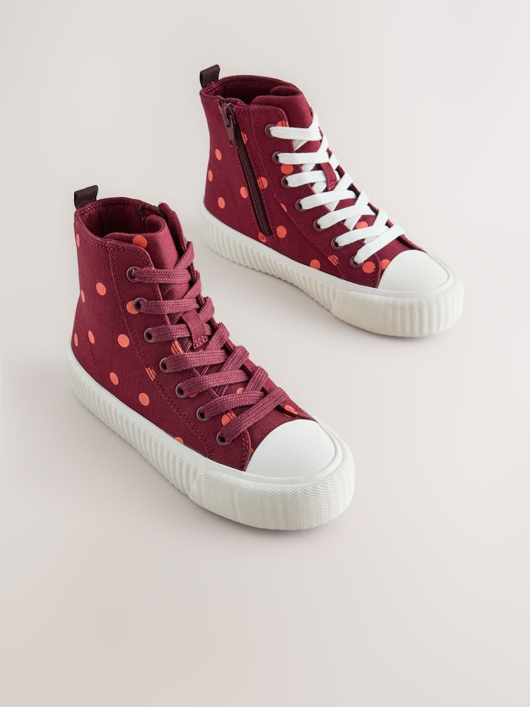 Burgundy Red Polka Dot Standard Fit (F) Lace Up High Top Trainers - Image 2 of 7 Burgundy Red Polka Dot Standard Fit (F) Lace Up High Top Trainers - Image 2 of 7