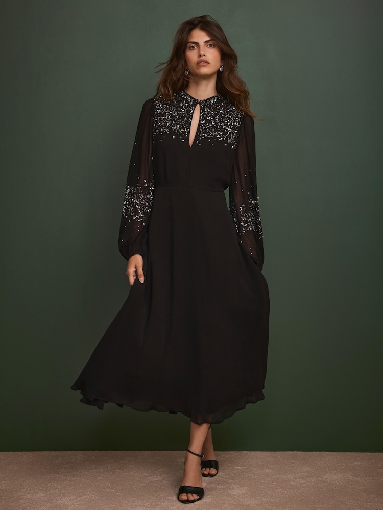 Mint Velvet Black Embellished Midi Dress - Image 1 of 7