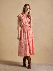 Joules Lilia Red Jersey Smocked Waist Midi Dress - Image 1 of 8