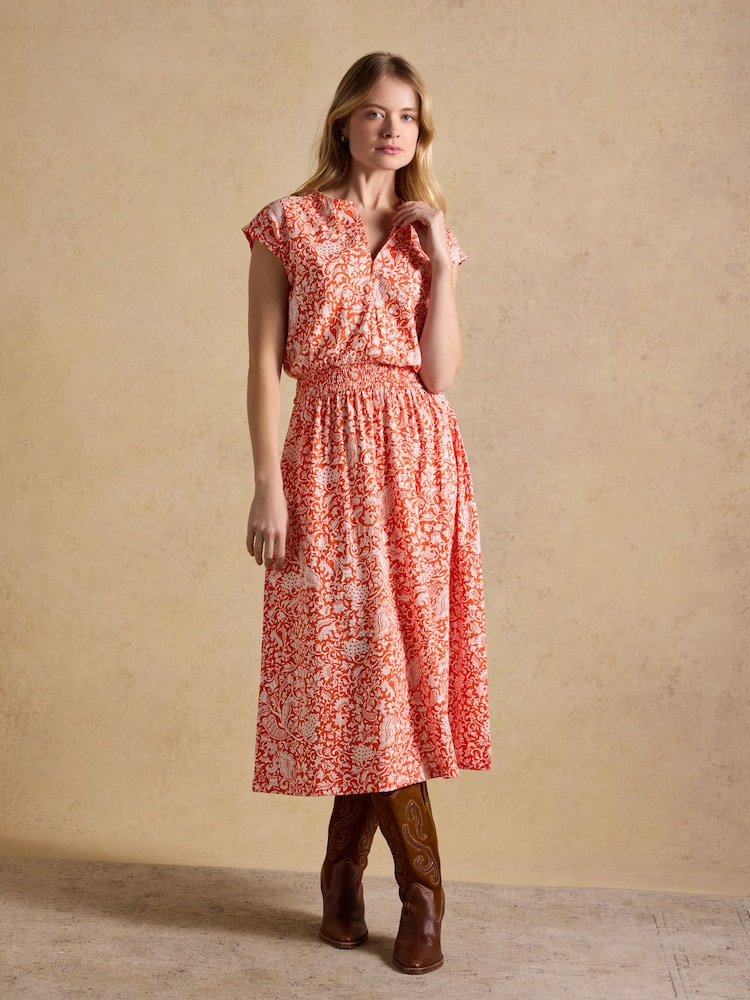Joules Lilia Red Jersey Smocked Waist Midi Dress - Image 1 of 8