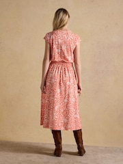 Joules Lilia Red Jersey Smocked Waist Midi Dress - Image 2 of 8