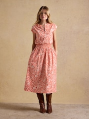 Joules Lilia Red Jersey Smocked Waist Midi Dress - Image 6 of 8