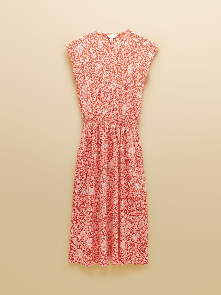 Joules Lilia Red Jersey Smocked Waist Midi Dress - Image 8 of 8