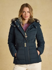 Aspen Navy Showerproof Padded Coat with Faux Fur Hood - Image 1 of 11