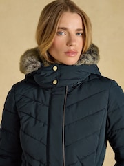 Aspen Navy Showerproof Padded Coat with Faux Fur Hood - Image 10 of 11