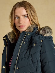 Aspen Navy Showerproof Padded Coat with Faux Fur Hood - Image 3 of 11