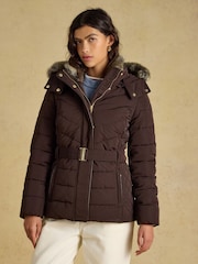 Chocolate Brown - Aspen Showerproof Padded Coat with Faux Fur Hood - Larawan 1 ng 13