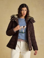 Chocolate Brown - Aspen Showerproof Padded Coat with Faux Fur Hood - Larawan 3 ng 13
