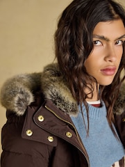 Chocolate Brown - Aspen Showerproof Padded Coat with Faux Fur Hood - Larawan 8 ng 13