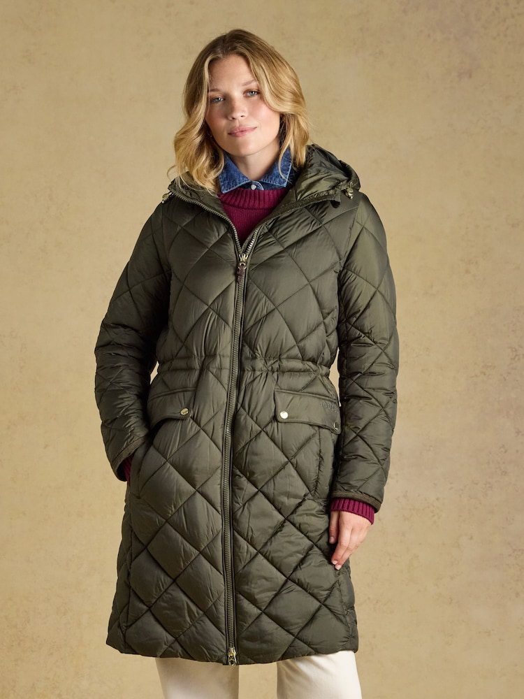 Joules Chessington Green Showerproof Longline Diamond Quilted Coat with Hood - Image 1 of 11 Joules Chessington Green Showerproof Longline Diamond Quilted Coat with Hood - Image 1 of 11