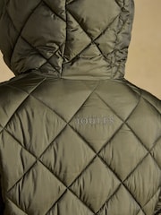 Joules Chessington Green Showerproof Longline Diamond Quilted Coat with Hood - Image 10 of 11