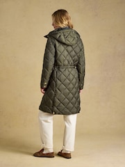 Joules Chessington Green Showerproof Longline Diamond Quilted Coat with Hood - Image 2 of 11