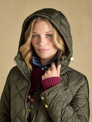 Joules Chessington Green Showerproof Longline Diamond Quilted Coat with Hood - Image 3 of 11