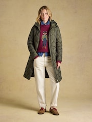 Joules Chessington Green Showerproof Longline Diamond Quilted Coat with Hood - Image 4 of 11