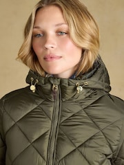 Joules Chessington Green Showerproof Longline Diamond Quilted Coat with Hood - Image 7 of 11