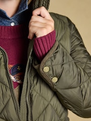 Joules Chessington Green Showerproof Longline Diamond Quilted Coat with Hood - Image 8 of 11