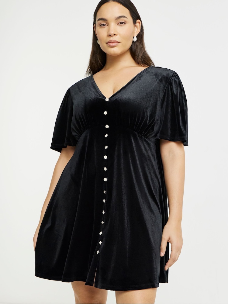 Simply Be Black Velour Button Through Skater Dress - Image 2 of 4 Simply Be Black Velour Button Through Skater Dress - Image 2 of 4