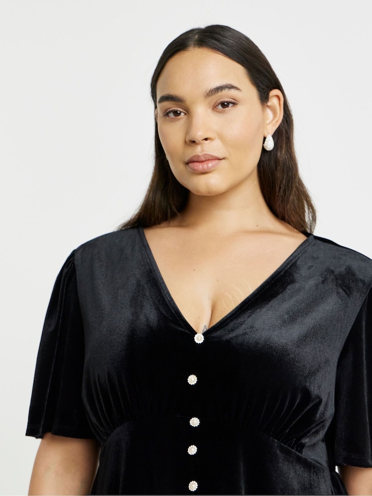 Simply Be Black Velour Button Through Skater Dress - Image 4 of 4 Simply Be Black Velour Button Through Skater Dress - Image 4 of 4