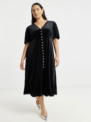 Simply Be Black Velour Button Through Midi Dress - Image 1 of 4