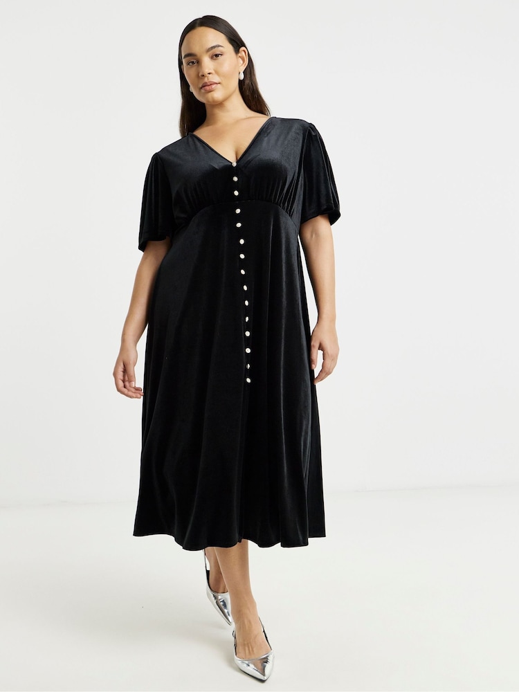 Simply Be Black Velour Button Through Midi Dress - Image 1 of 4