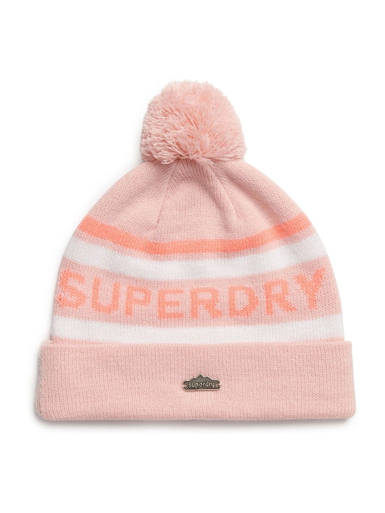 Superdry Pink Logo Knit Beanie Hat - Image 1 of 2 Superdry Pink Logo Knit Beanie Hat - Image 1 of 2