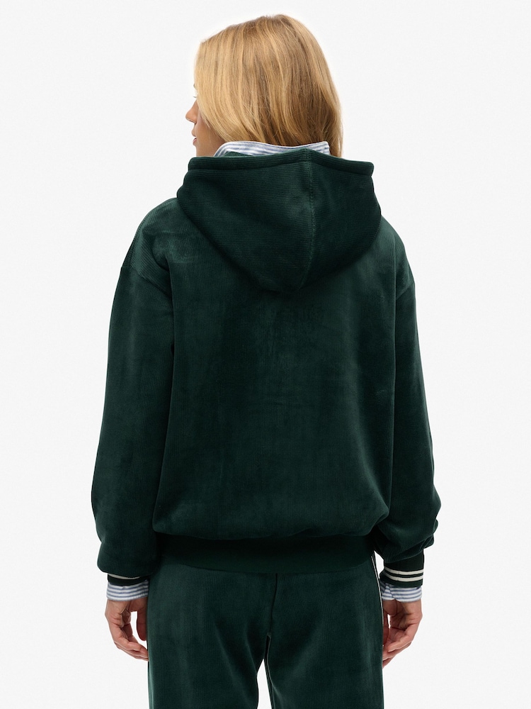 Superdry Green Country Club Velour Relaxed Hoodie - Image 2 of 7 Superdry Green Country Club Velour Relaxed Hoodie - Image 2 of 7