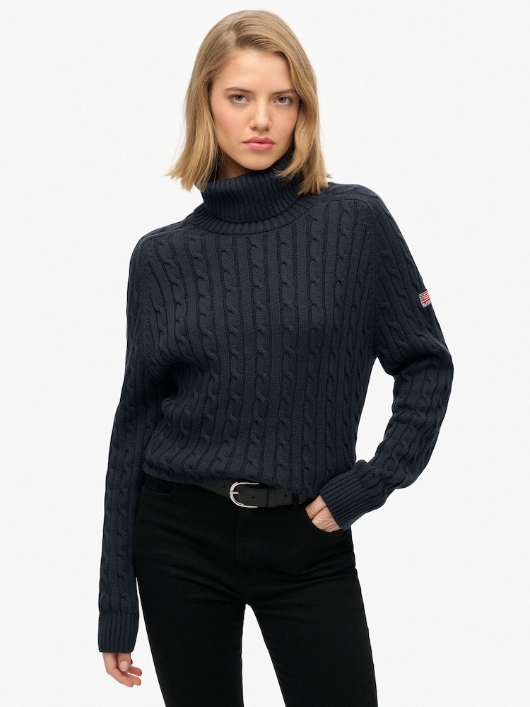 Superdry Blue Slouchy Cable Roll Neck Jumper - Image 2 of 6 Superdry Blue Slouchy Cable Roll Neck Jumper - Image 2 of 6