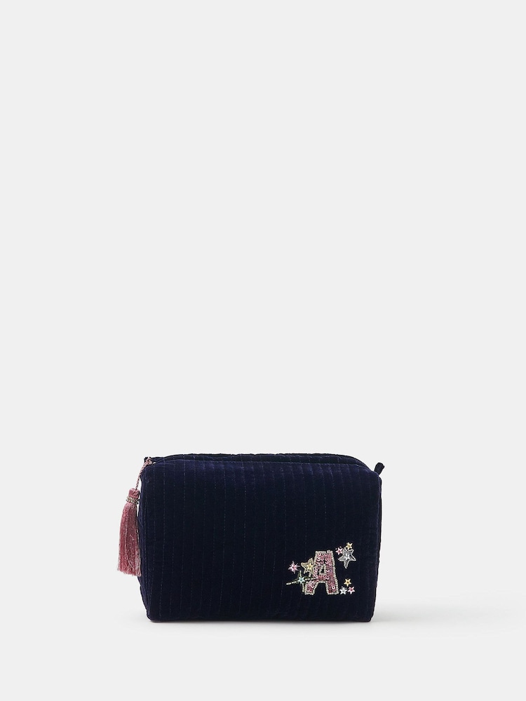 Accessorize Blue Large Embellished Initial Make Up Bag - Image 1 of 5 Accessorize Blue Large Embellished Initial Make Up Bag - Image 1 of 5