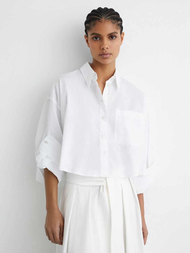 Reiss White Solenge Cotton Cropped Long-Sleeve Shirts - Image 1 of 6 Reiss White Solenge Cotton Cropped Long-Sleeve Shirts - Image 1 of 6