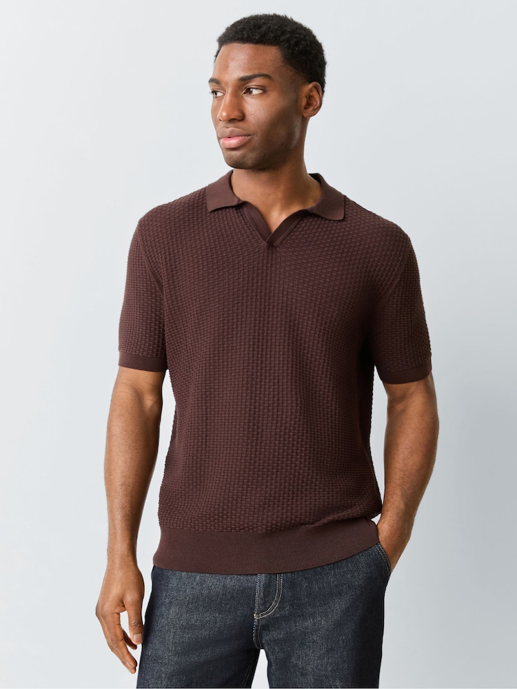 BOSS Brown Natalo Regular Fit Trophy Neck Knitted Polo Shirt - Image 1 of 5
