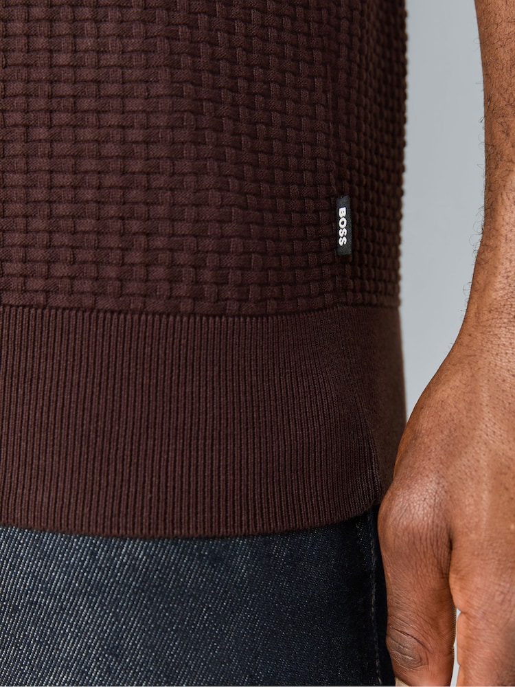 BOSS Brown Natalo Regular Fit Trophy Neck Knitted Polo Shirt - Image 5 of 5