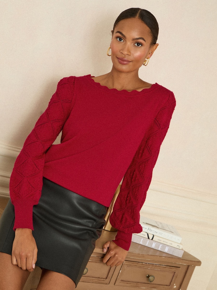 Love & Roses Red Petite Bobble Stitch Scallop Knit Jumper - Image 1 of 4