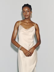 Champagne Gold Satin Cowl Neck Wedding Guest Bridesmaid Maxi Dress - Image 4 of 8