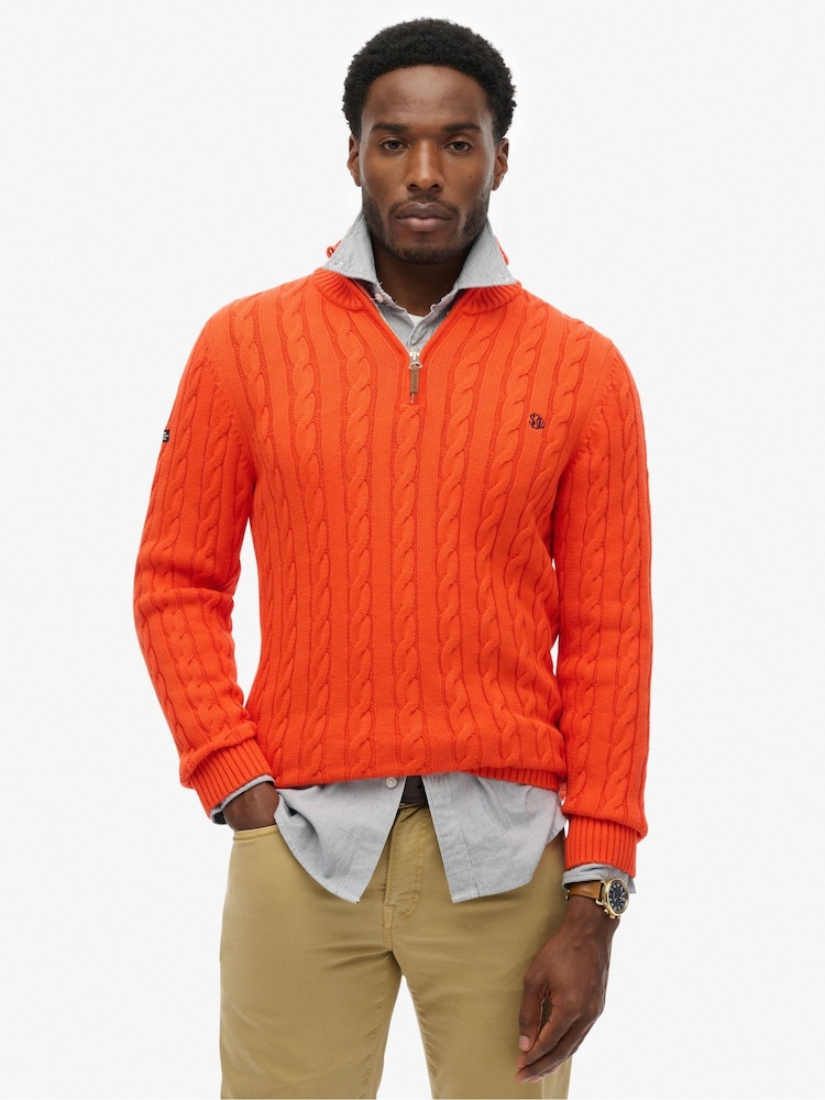 Superdry Orange Classic Cable Half-Zip Jumper - Image 1 of 6 Superdry Orange Classic Cable Half-Zip Jumper - Image 1 of 6