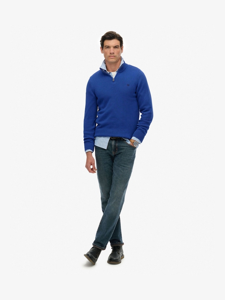 Superdry Blue Cotton Half Zip Knit Jumper - Image 2 of 5 Superdry Blue Cotton Half Zip Knit Jumper - Image 2 of 5