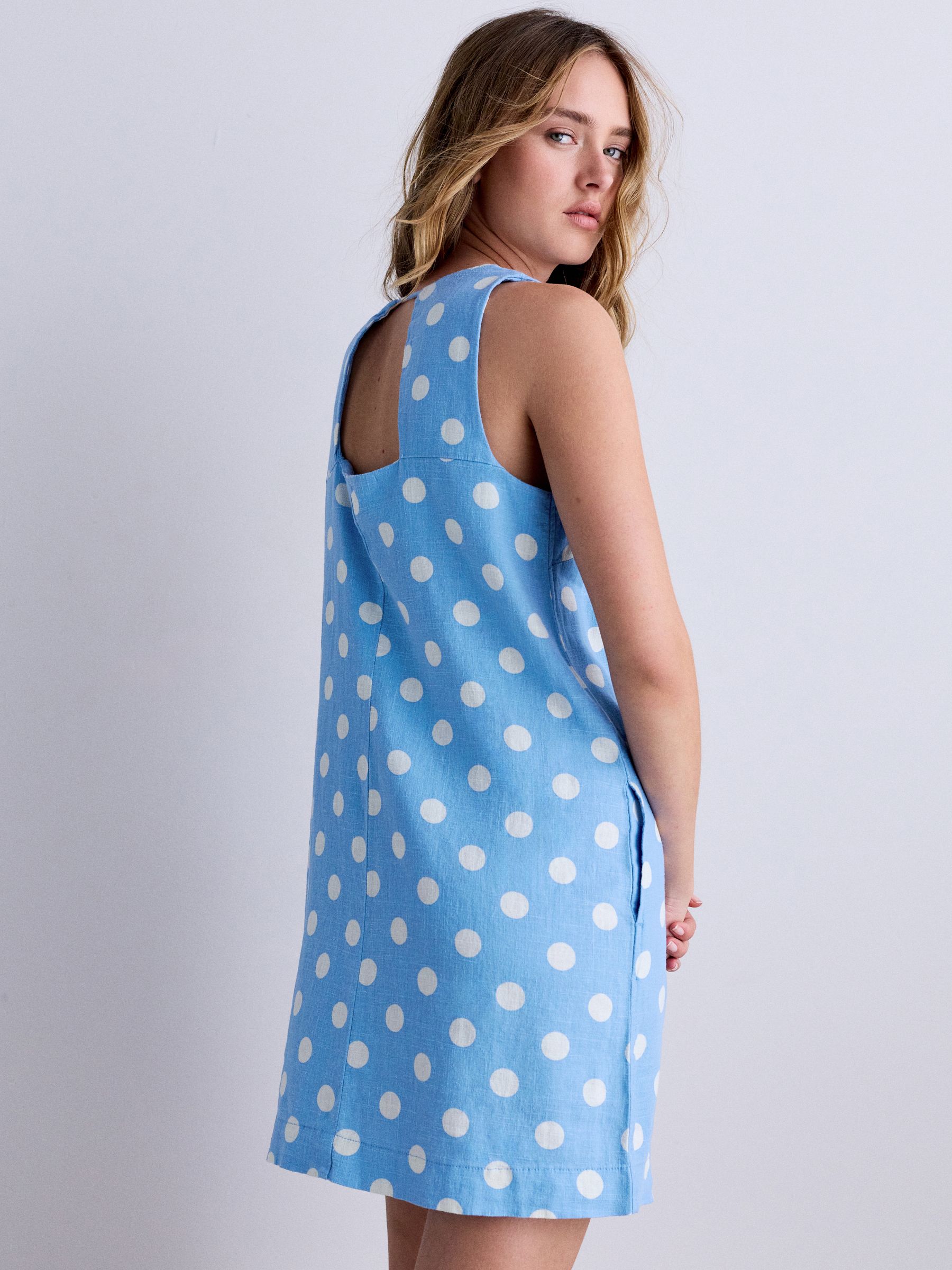 Buy Blue/White Polka Dot Linen Rich Square Neck Shift Mini Dress