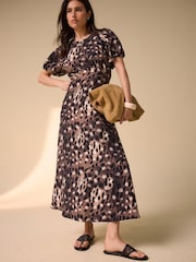 Animal Print Puff Sleeve Midi Dress - Image 1 of 7