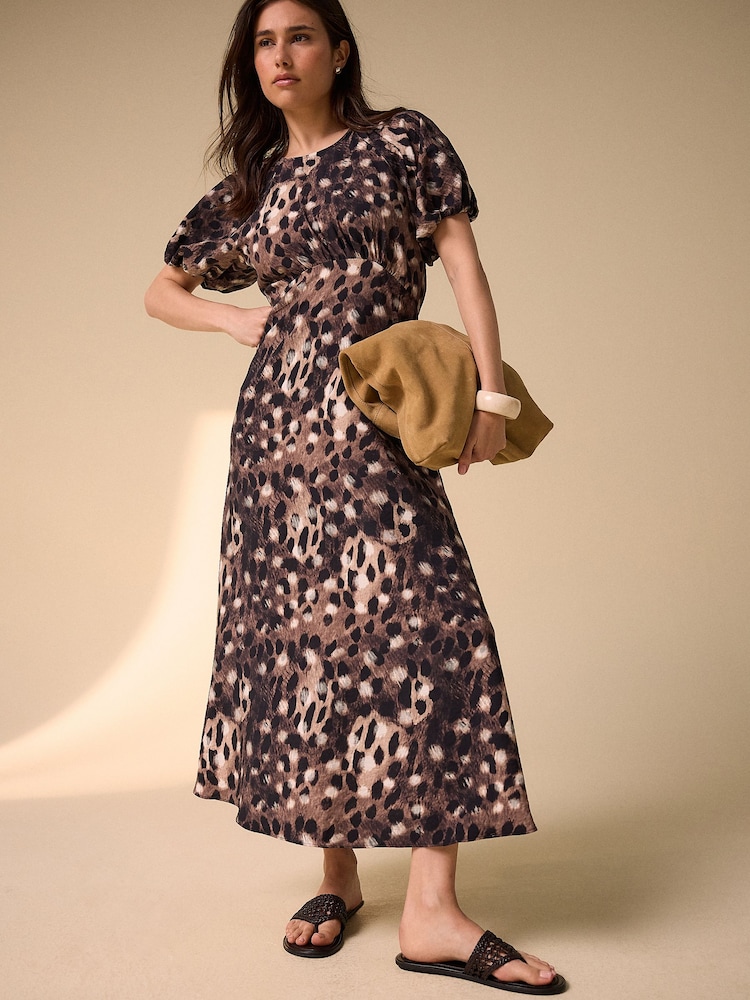 Animal Print Puff Sleeve Midi Dress - Image 1 of 7