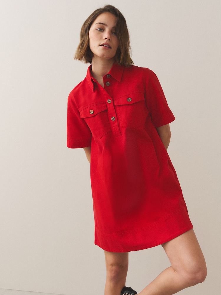 Red Overhead Twill Shirt Dress - Image 1 of 7