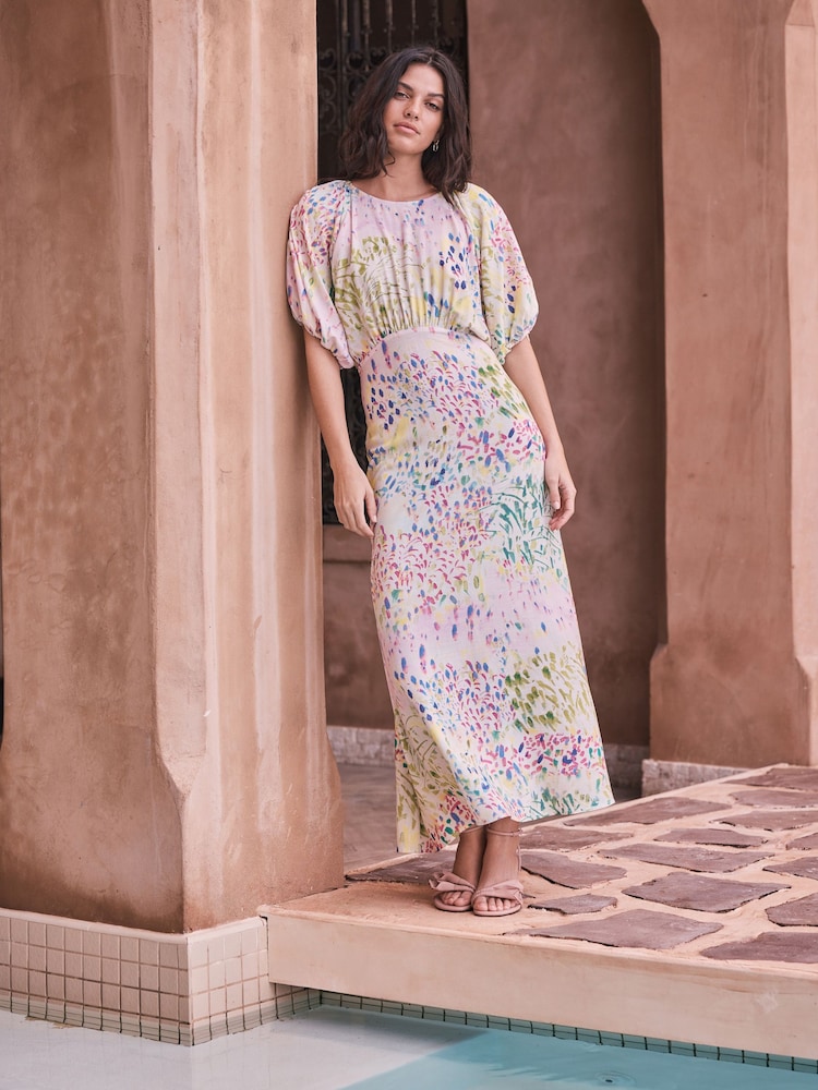 Multi Floral Print Puff Sleeve Midi Dress - Image 1 of 5