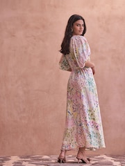 Multi Floral Print Puff Sleeve Midi Dress - Image 4 of 5