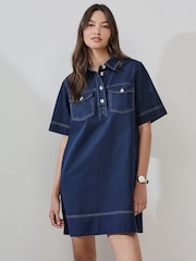 Indigo Blue Overhead Twill Shirt Dress - Image 1 of 4