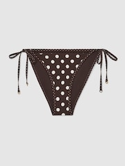 Reiss Chocolate Brown/Ivory Hennel Polka-Dot Side-Tie Bikini Bottoms - Image 2 of 7