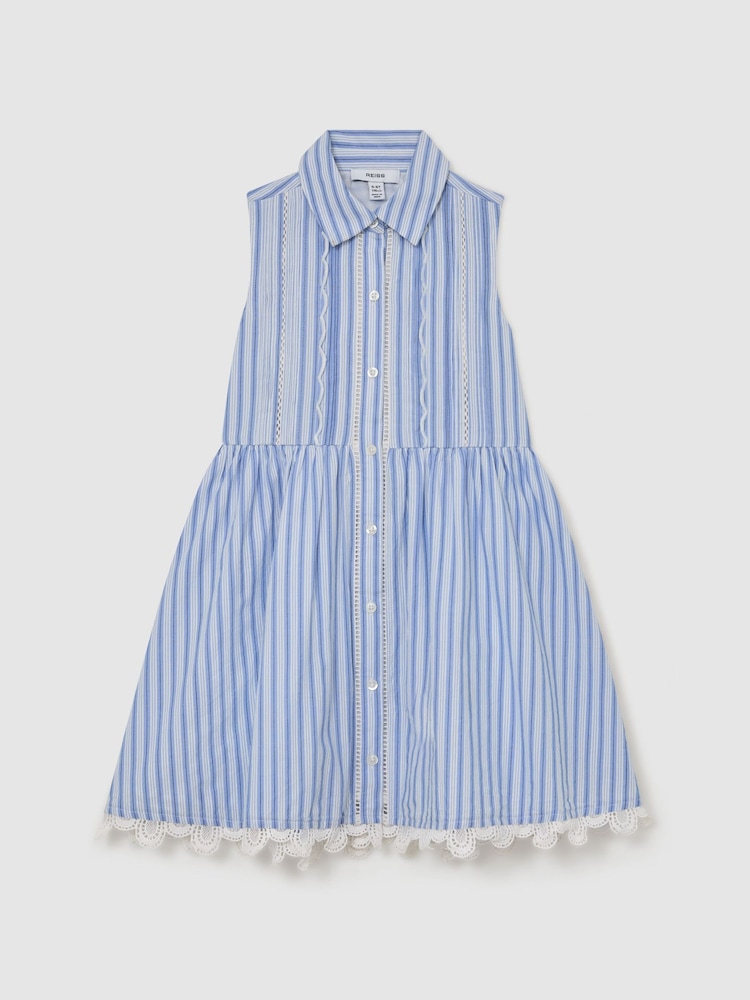 Reiss Blue/White Juliette 13-14 yrs Cotton Striped Lace-Trim Shirt Dress - Image 3 of 3